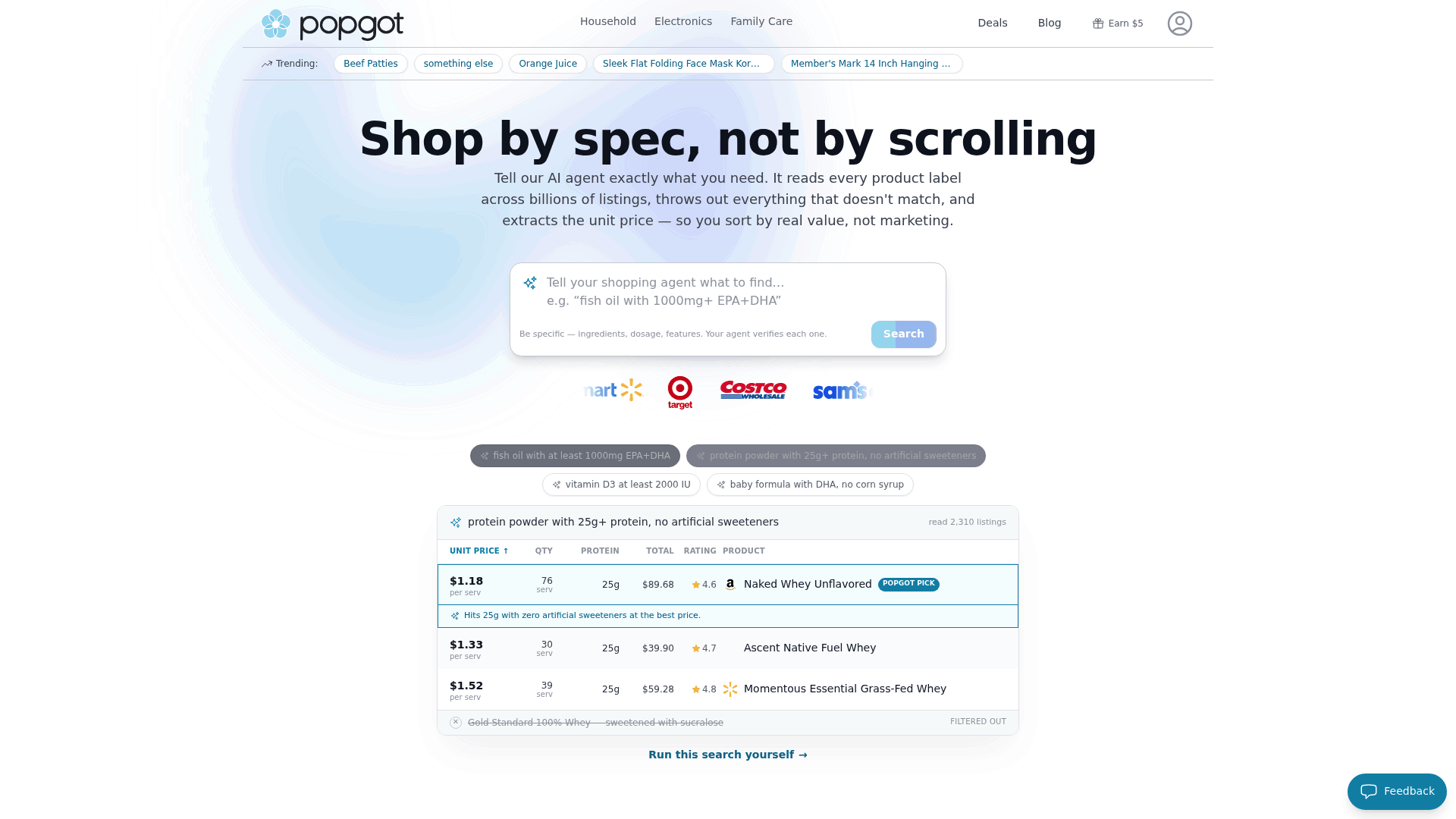 Screenshot: Popgot's search interface showing the unit-price table, illustrating how the platform calculates and displays real unit prices.