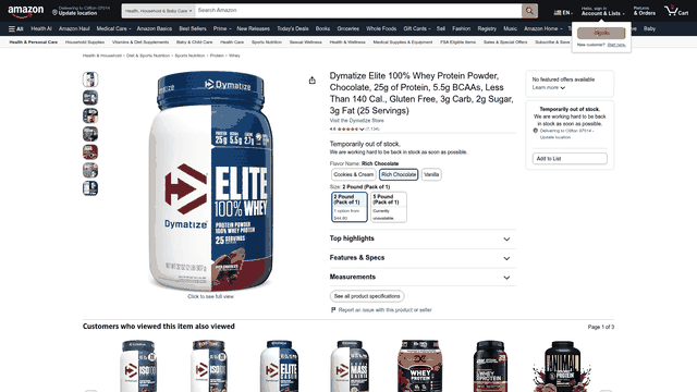 Screenshot: Amazon product page for Dymatize Elite 100% Whey Protein, showing price, rating, and key details.
