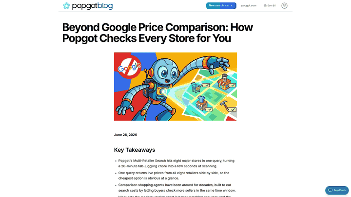 Screenshot: Popgot blog page explaining how the platform compares prices across eight major retailers, with screenshots of the comparison interface.
