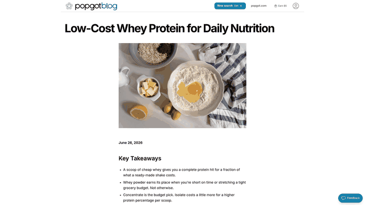 Screenshot: Popgot blog article summarizing cheap whey protein options and how to use Popgot for unit‑price comparisons.