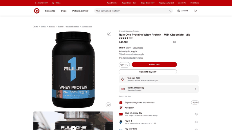 Screenshot: Target product page for Rule One Proteins Whey Protein, highlighting price, rating, and key ingredient information.