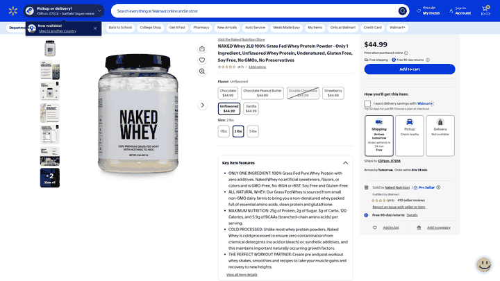 Screenshot: Walmart product page for Naked Nutrition 2‑lb Grass‑Fed Whey Protein, displaying price, rating, and nutritional information.