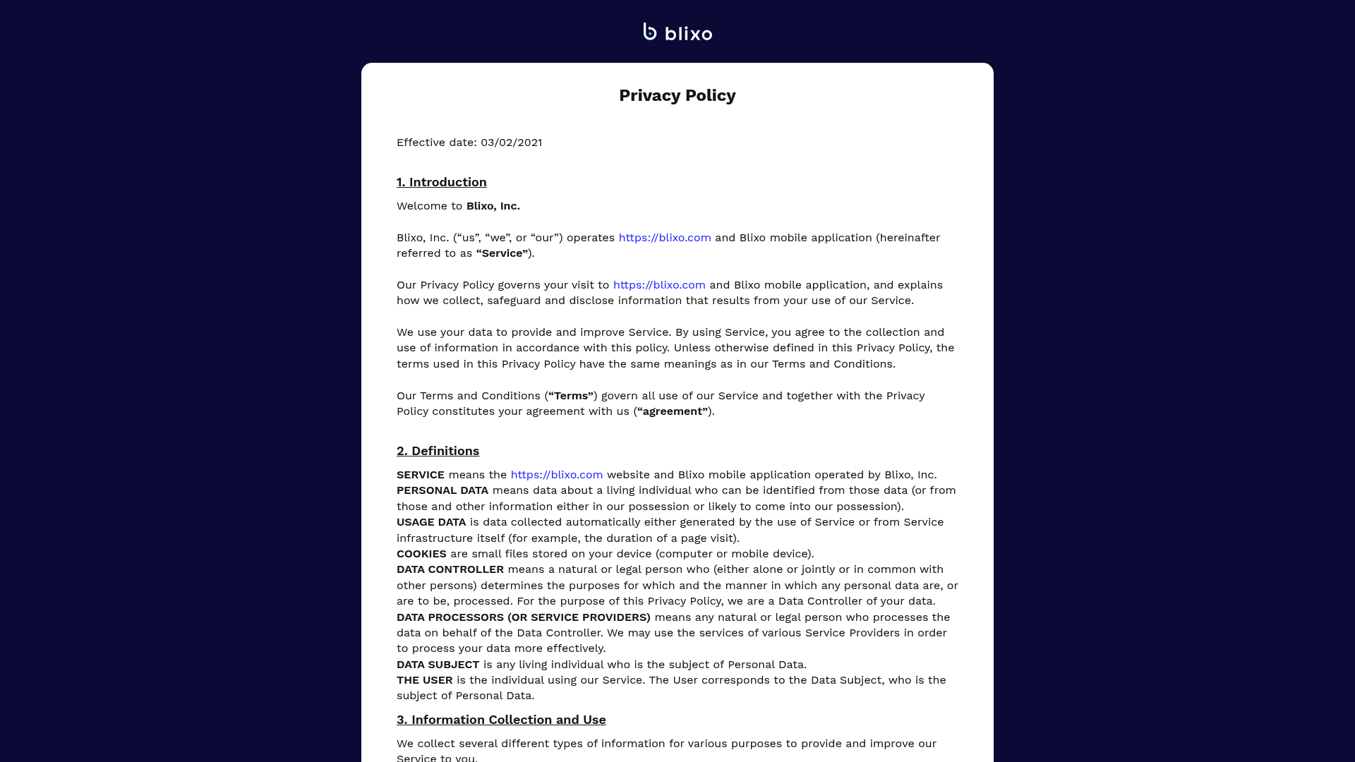 Screenshot: Blixo’s privacy policy page outlining data protection, PCI compliance, and GDPR/CCPA commitments.