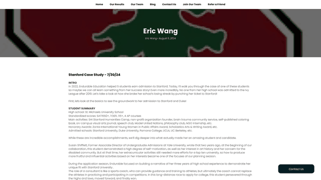 Screenshot: A visual example of a detailed case study illustrating Endurable Education’s approach to student success.