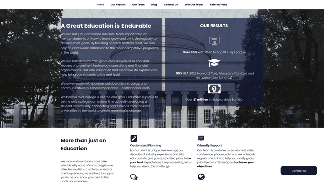 Screenshot: Visual snapshot of Endurable Education's success metrics – over 65% admitted to Top 10 + Ivy League, 50% 2023 elite‑school admission rate, and $1 million+ scholarships earned.
