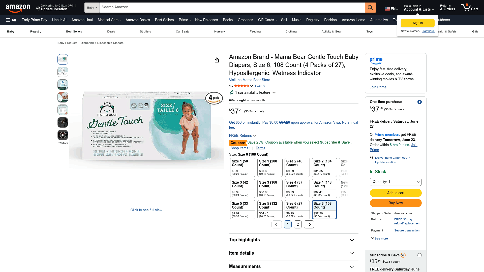 Screenshot: Amazon product page for a popular diaper brand, showing manual price lookup