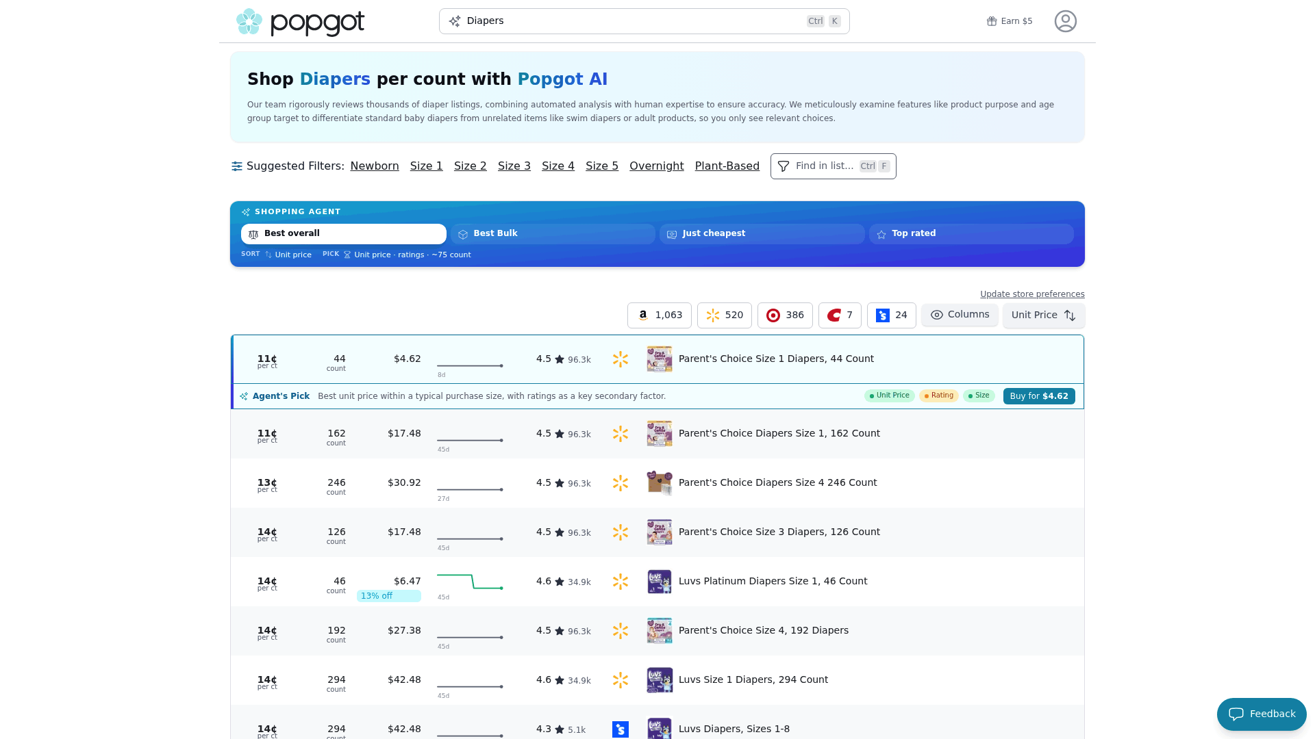 Screenshot: Popgot diaper search results page with unit‑price comparison table across eight retailers