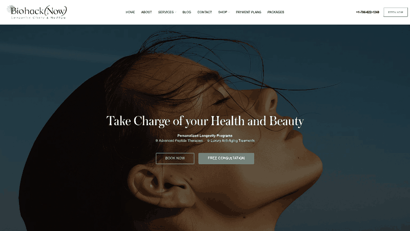 Screenshot: Hero section of BiohackNow’s homepage showcasing the brand’s tagline, key services, and call‑to‑action button.