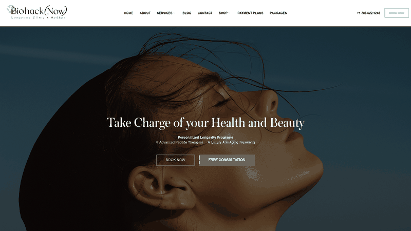 Screenshot: Homepage showcasing overall services, precision medicine, biohacking protocols, and non‑invasive treatments.