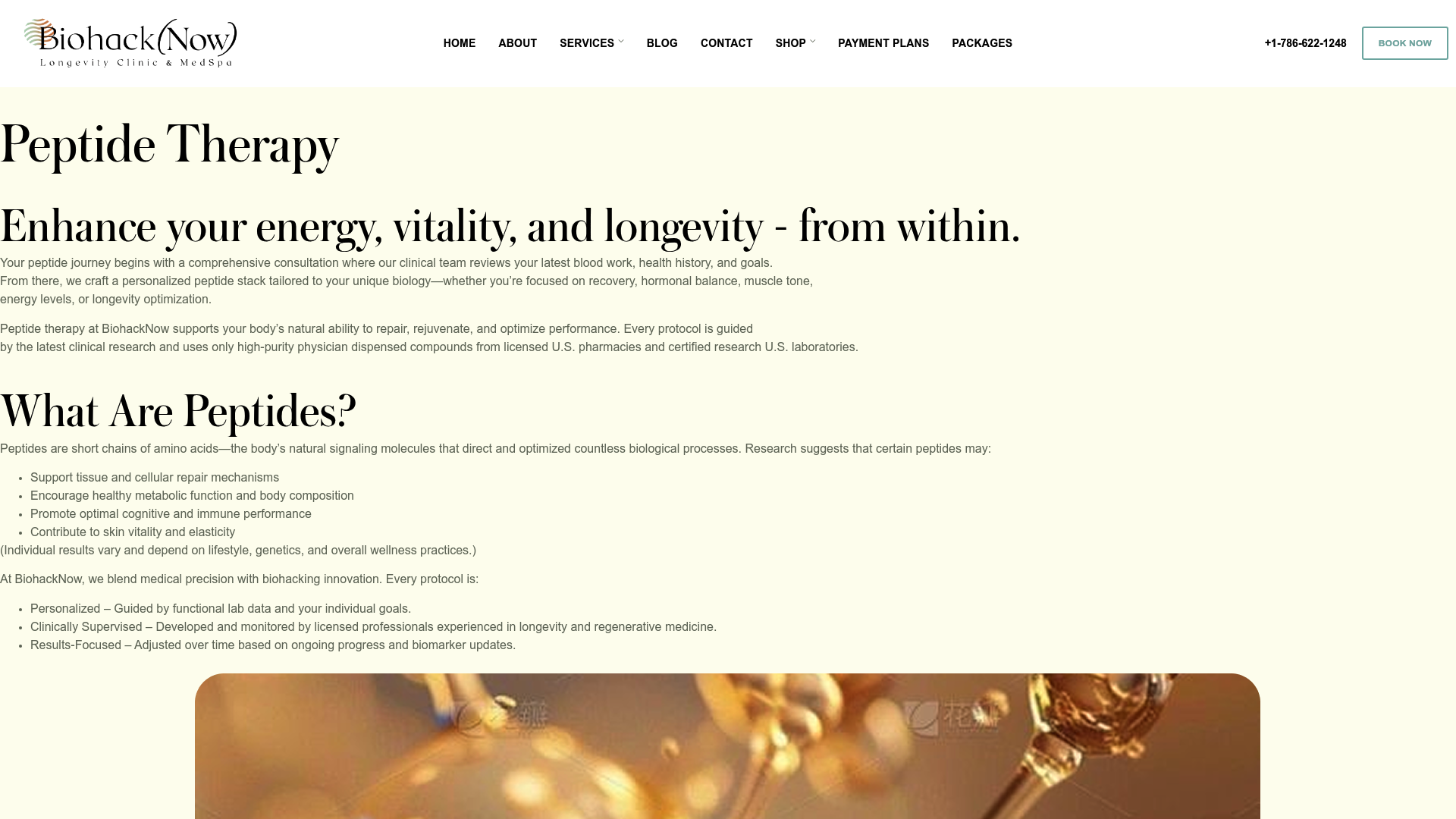 Screenshot: Peptide therapy page detailing personalized protocols, program categories, and the non‑invasive nature of treatments.