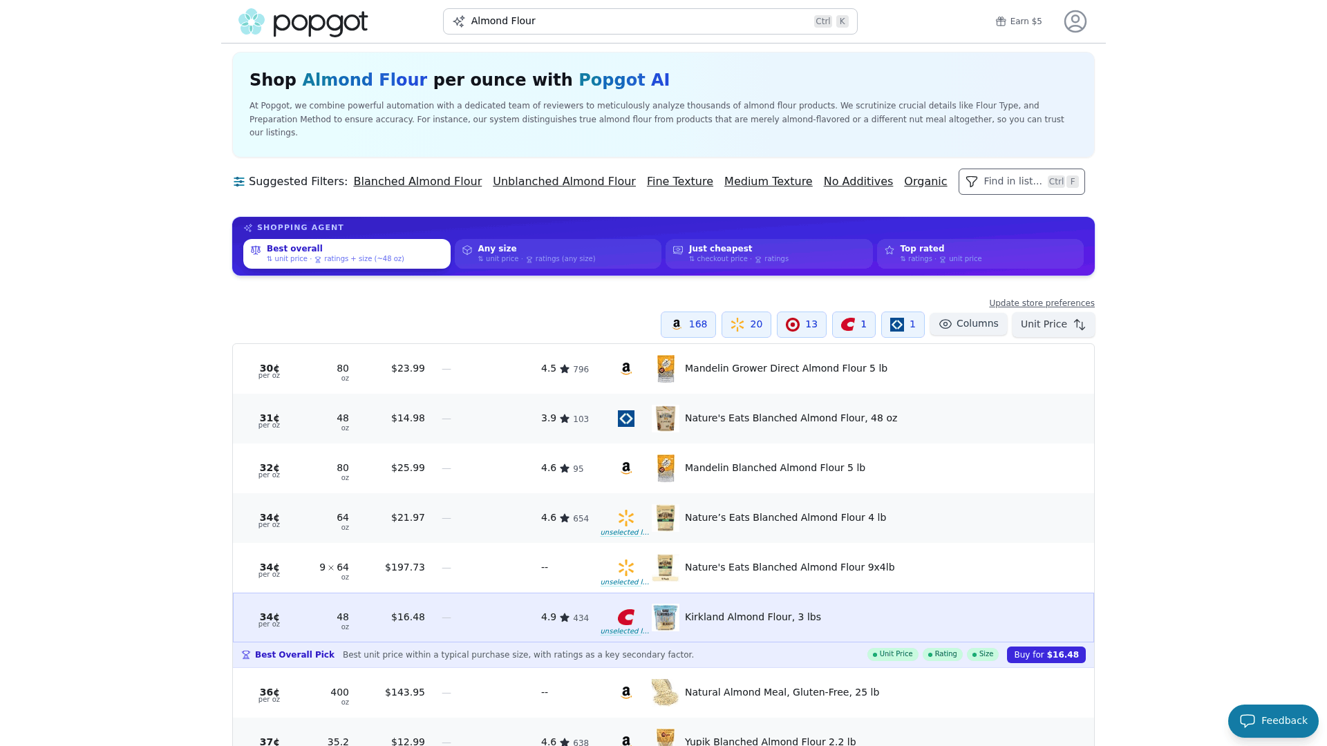 Screenshot: Popgot's product list for almond flour with unit pricing and retailer options.