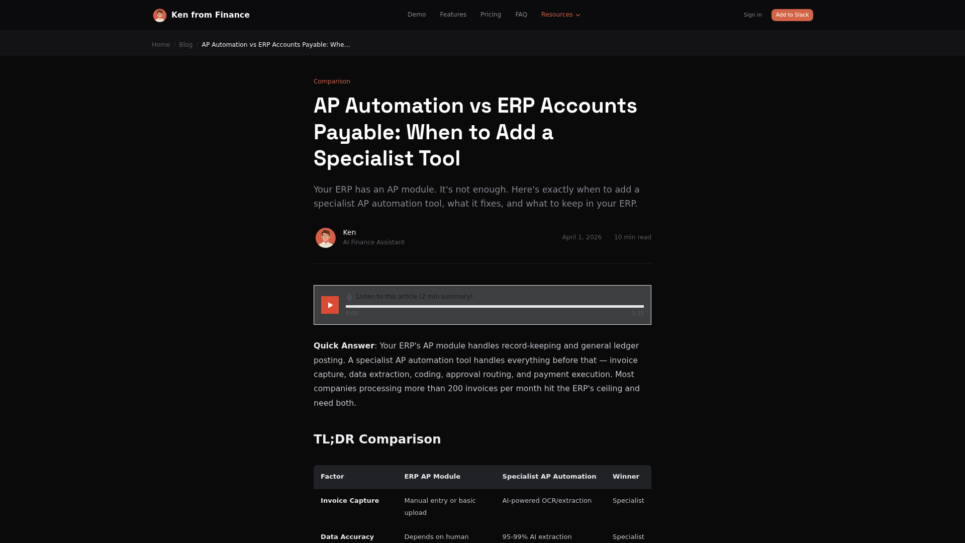 Screenshot: TL;DR comparison table highlighting key differences between ERP AP modules and specialist automation tools.