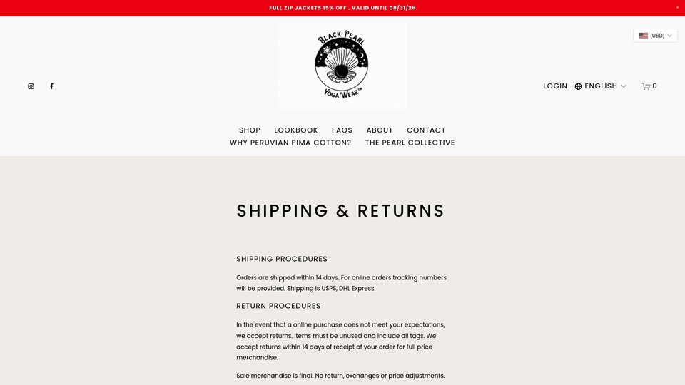 Screenshot: Shipping & Returns page that includes return procedures and care instructions.
