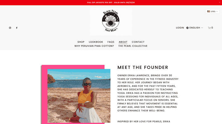 Screenshot: About page featuring founder profile and brand mission statement.