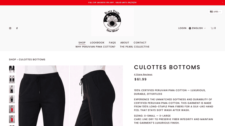 Screenshot: Product page for the Culottes Bottoms, highlighting key features, sizing, and care guidelines.