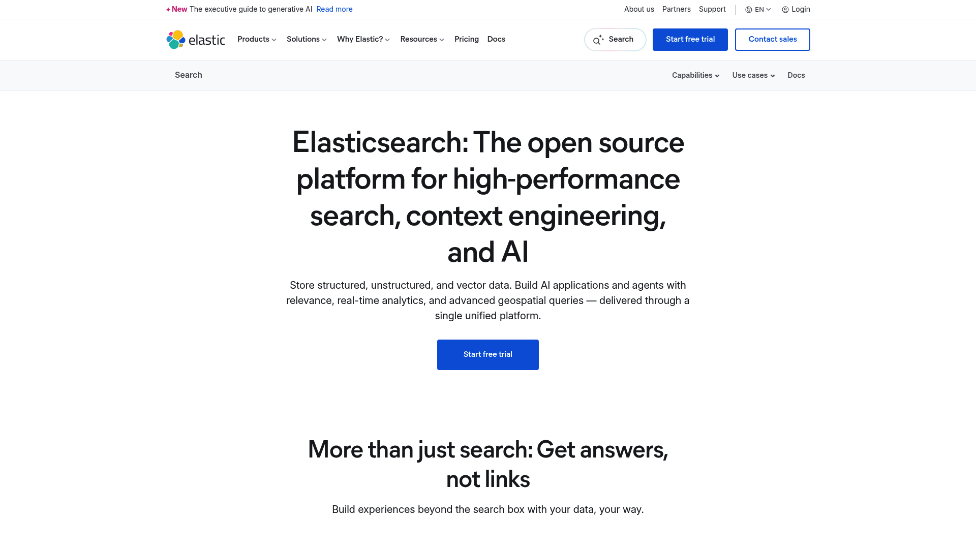 Screenshot: Elastic Enterprise Search landing page showcasing security, privacy, and governance features.