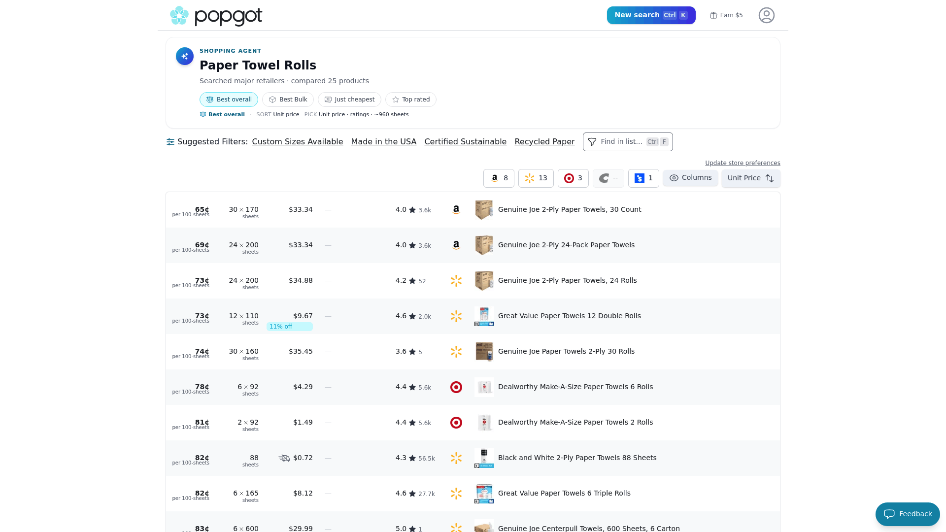 Screenshot: Popgot’s search results page for Paper Towel Rolls, displaying unit‑price comparisons, ratings, and filter options.