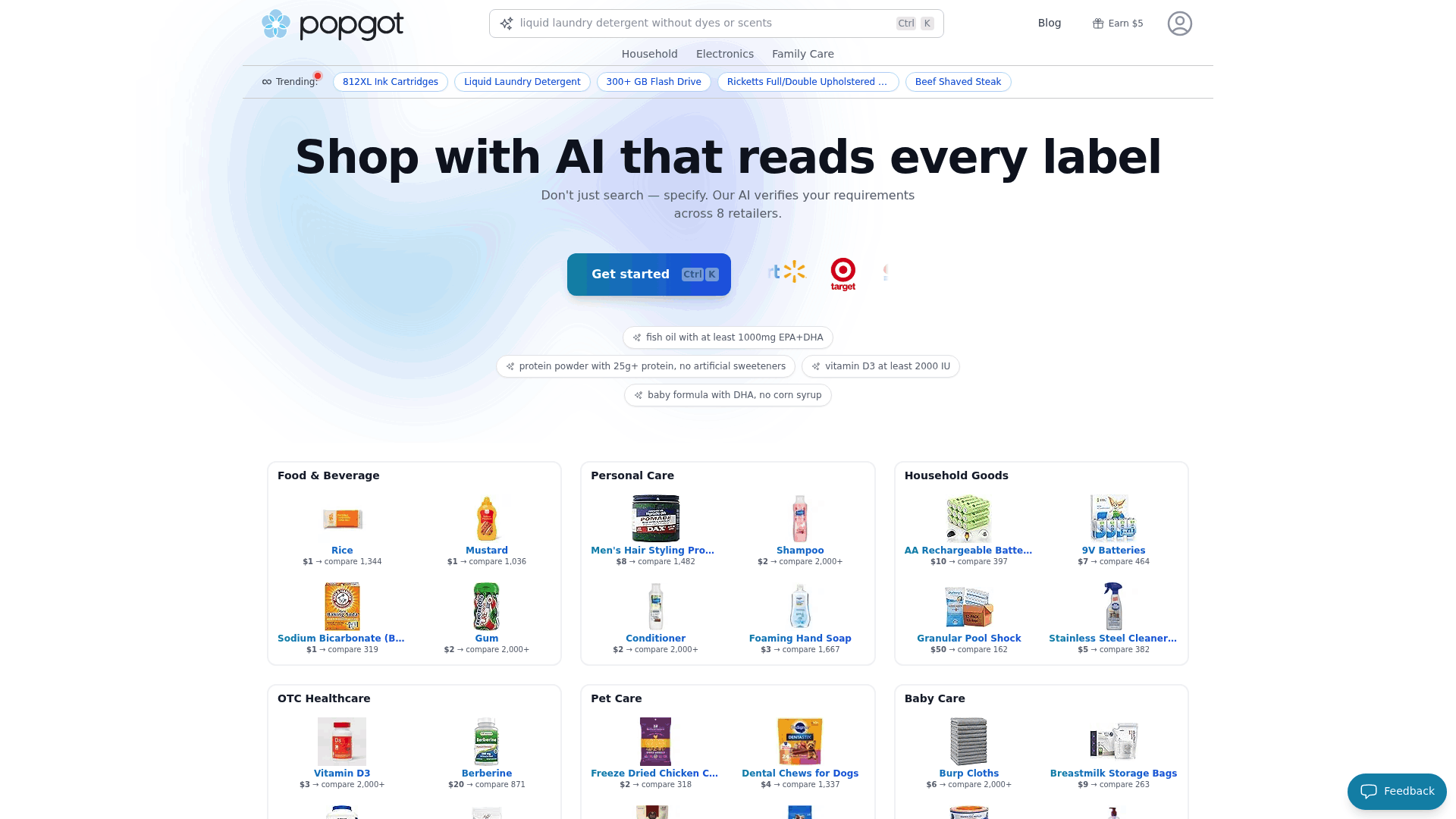 Screenshot: Screenshot of Popgot's main interface showing the search input and product comparison results across retailers.