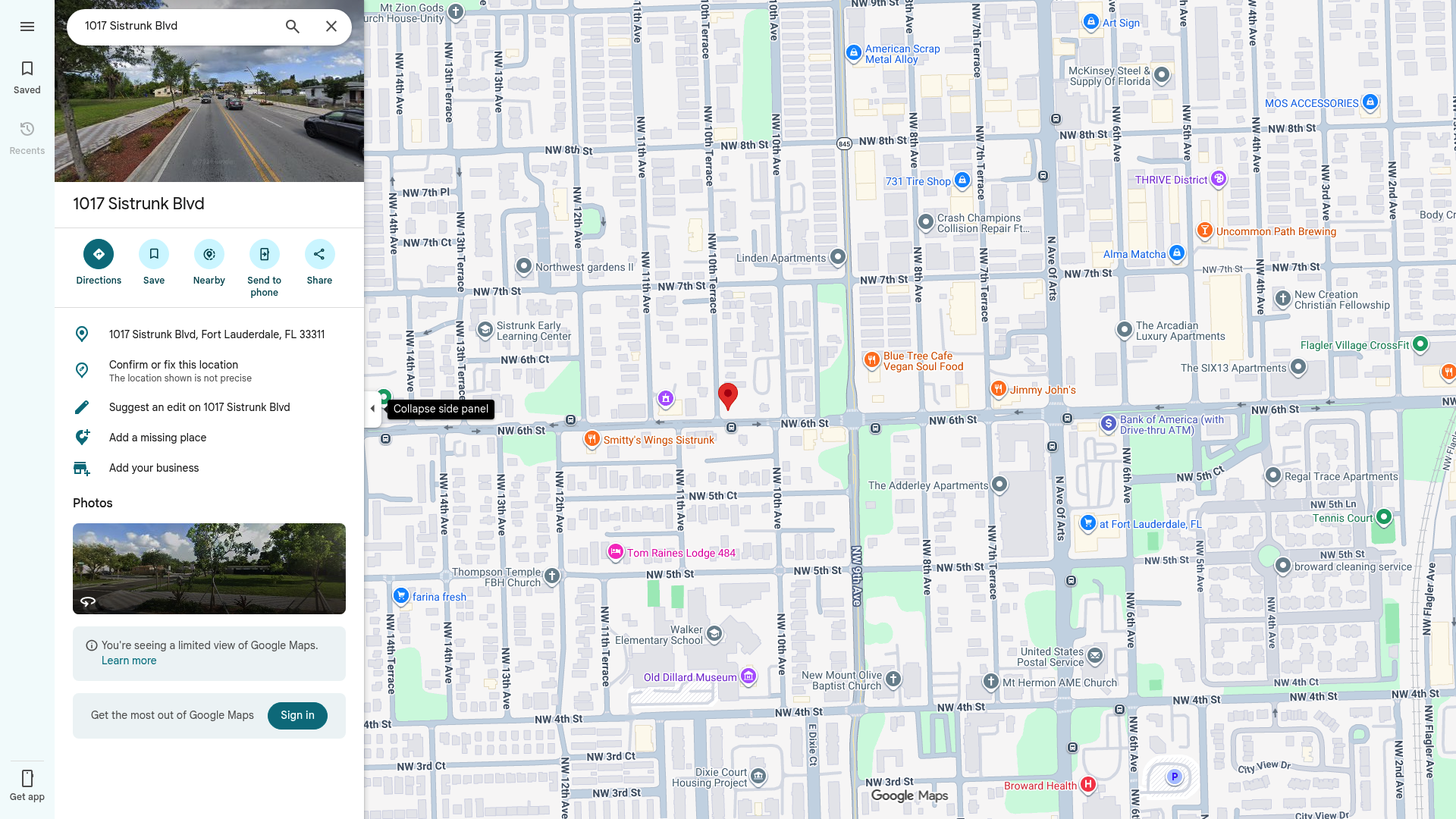 Screenshot: Screenshot of Google Maps showing the location of 1017 Sistrunk Boulevard and surrounding development.