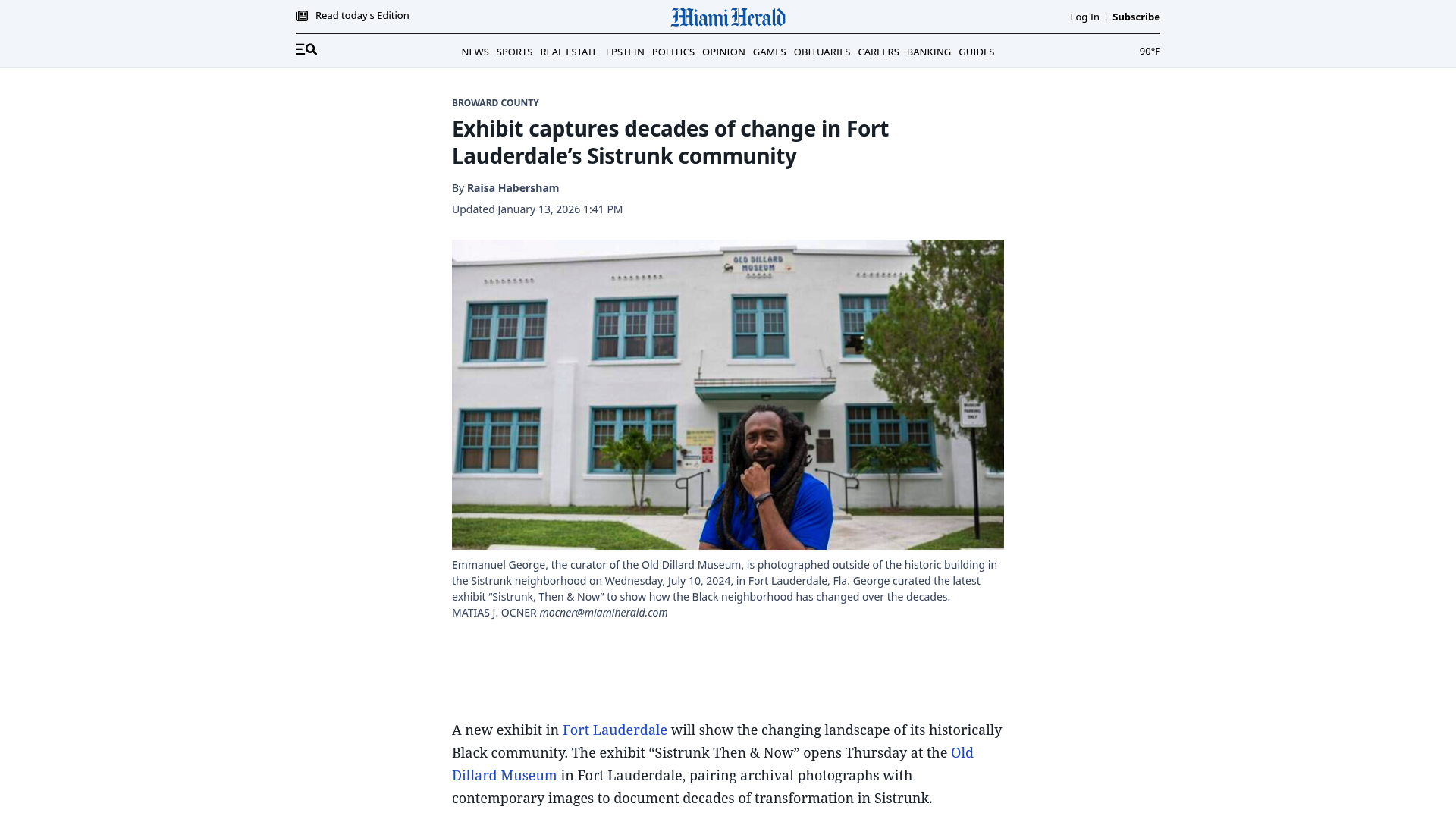Screenshot: Screenshot of the Miami Herald article with historical photographs of the Victory Theatre and Sistrunk neighborhood.