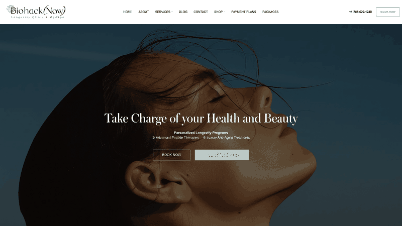 Screenshot: Hero banner and overview of BiohackNow’s integrated longevity and aesthetic services