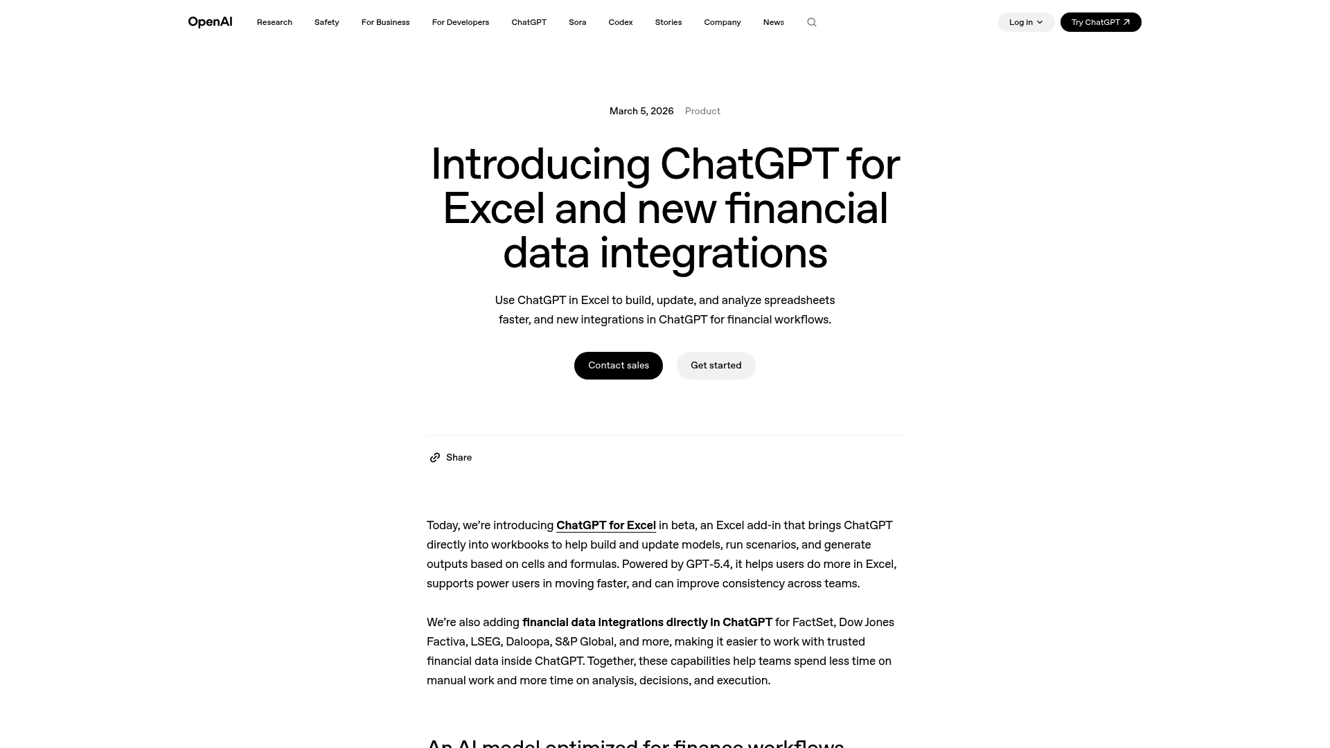 Screenshot: Hero section of ChatGPT for Excel, showcasing spreadsheet integration powered by GPT‑5.4.