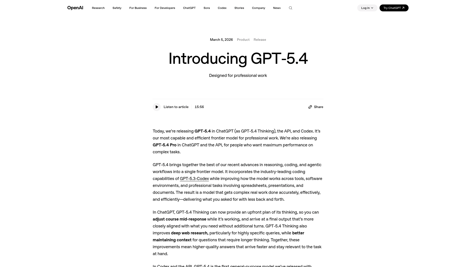 Screenshot: Full launch announcement of GPT‑5.4 with key features and benefits.