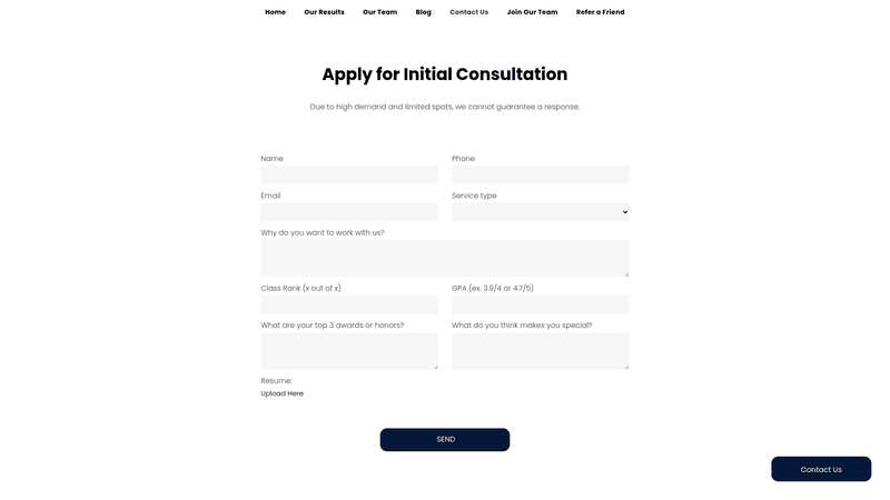 Screenshot: Application form for initial consultation
