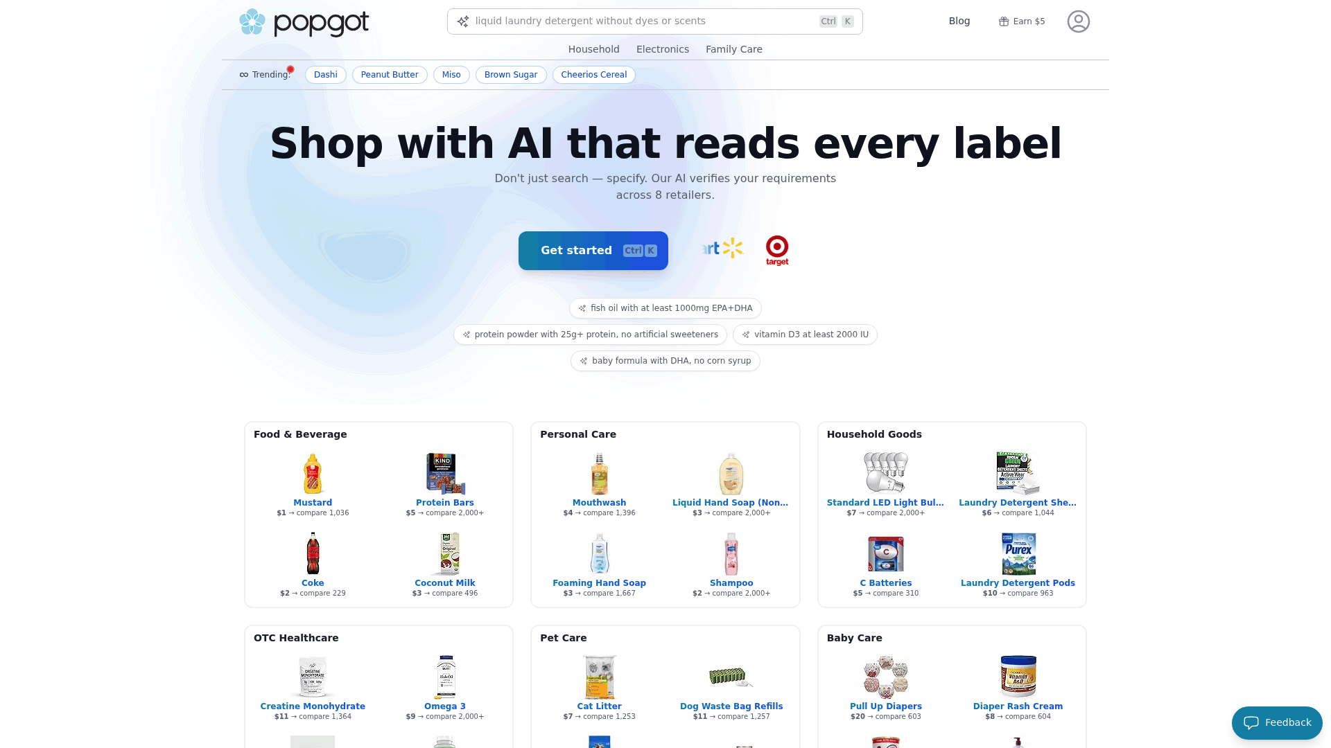 Screenshot: Full-page capture of Popgot’s homepage showcasing the AI-powered search bar, ingredient-based filtering, and highlighted features such as Multi-Retailer Search and Accurate Unit Pricing.