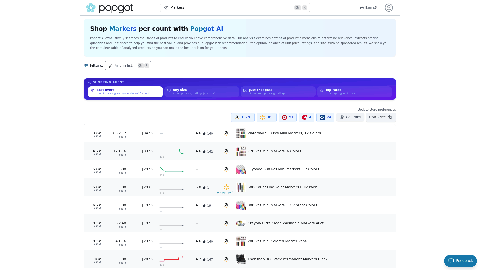 Screenshot: Markers product page with a side‑by‑side table of unit prices and a Popgot Pick recommendation.