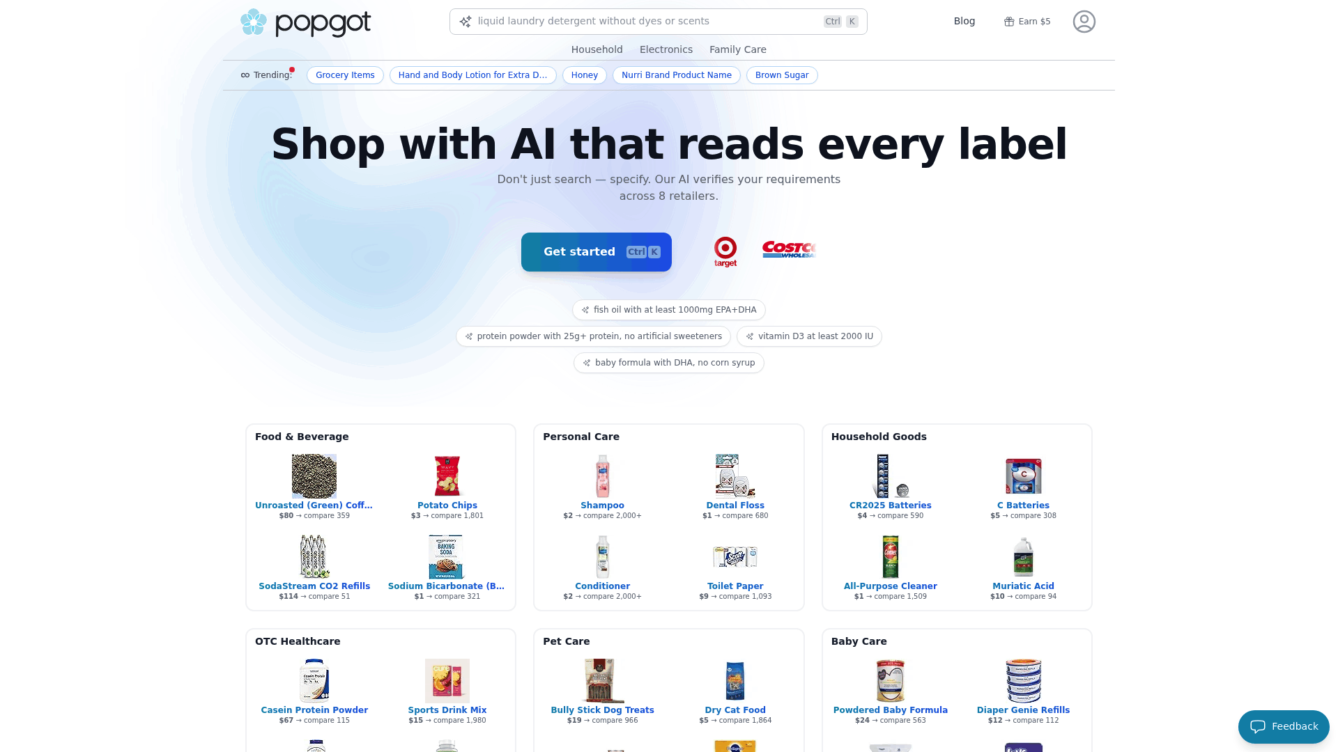 Screenshot: Full‑page view of the Popgot homepage, showing the AI‑powered search bar, featured filters, and product categories.