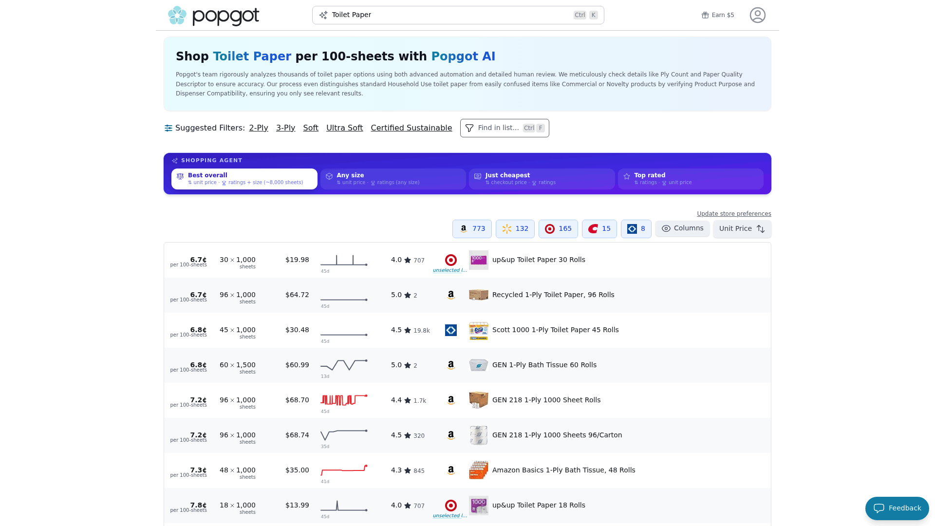 Screenshot: Toilet‑paper comparison page displaying filters, selection criteria, and the final recommended product.