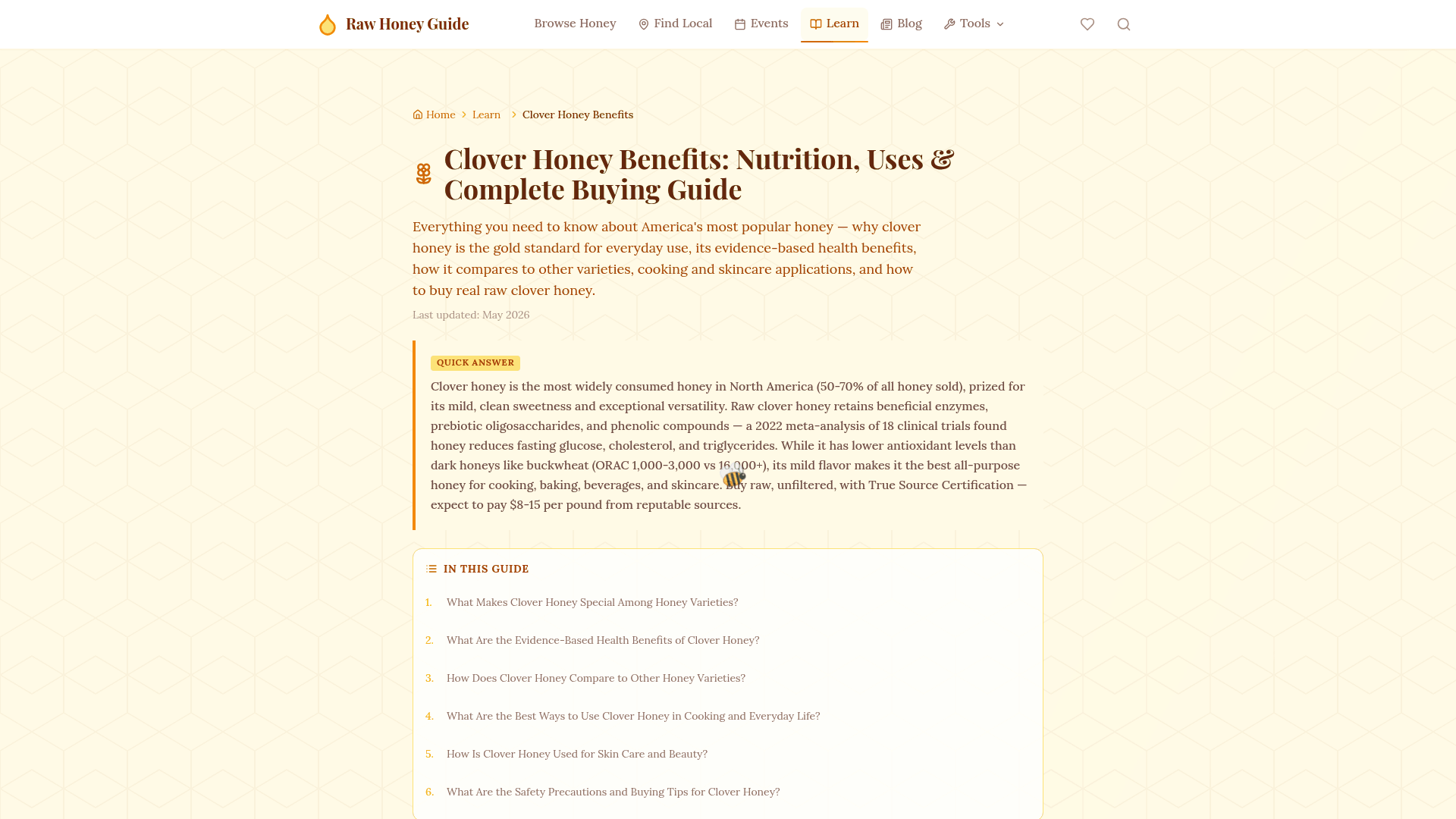 Screenshot: Screenshot of the Clover Honey benefits page, which includes price per pound and contextual factors such as origin, certification, and flavor profile.