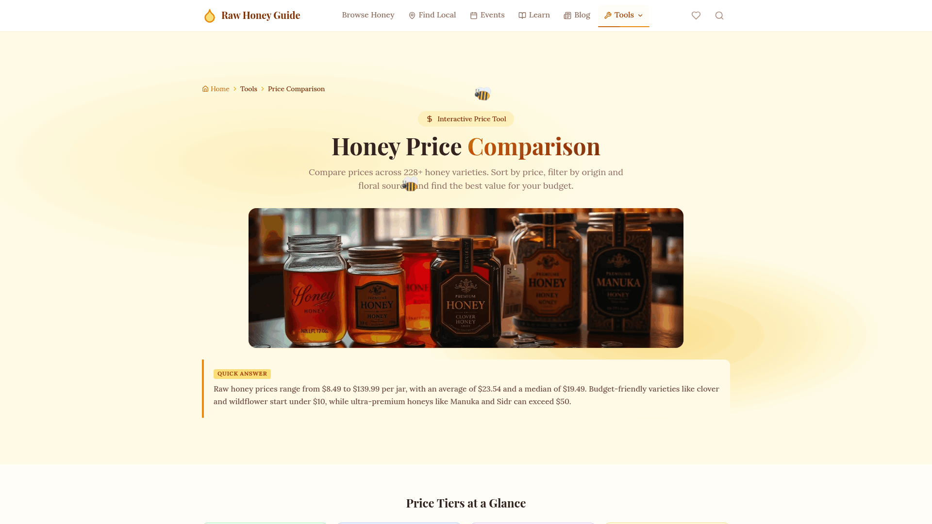 Screenshot: Screenshot of the interactive honey price comparison chart that lists 210+ honey varieties with unit prices and price tiers.