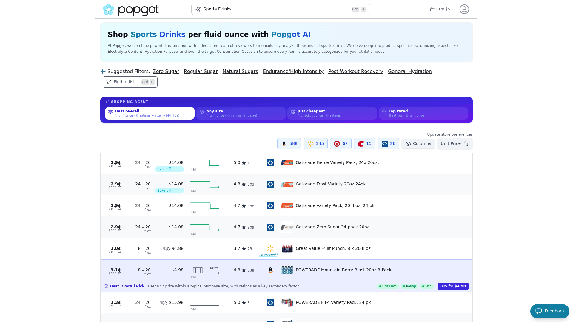 Screenshot: Screenshot of the Sports Drinks product page featuring filter options, unit‑price per fluid ounce, and Popgot picks for best value.