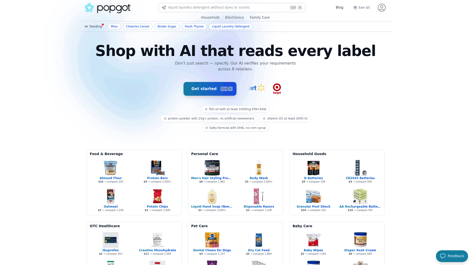 Screenshot: Screenshot of Popgot’s features section showing AI‑verified specifications, multi‑retailer search, and accurate unit pricing.