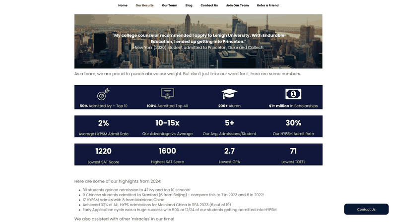 Screenshot: The results page displaying Endurable Education's success rates and scholarship achievements.