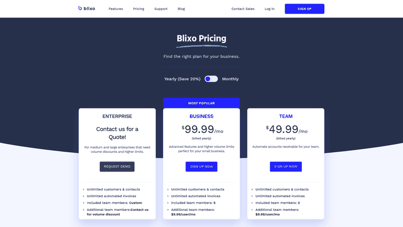 Screenshot: Blixo pricing table with plan options and feature highlights.