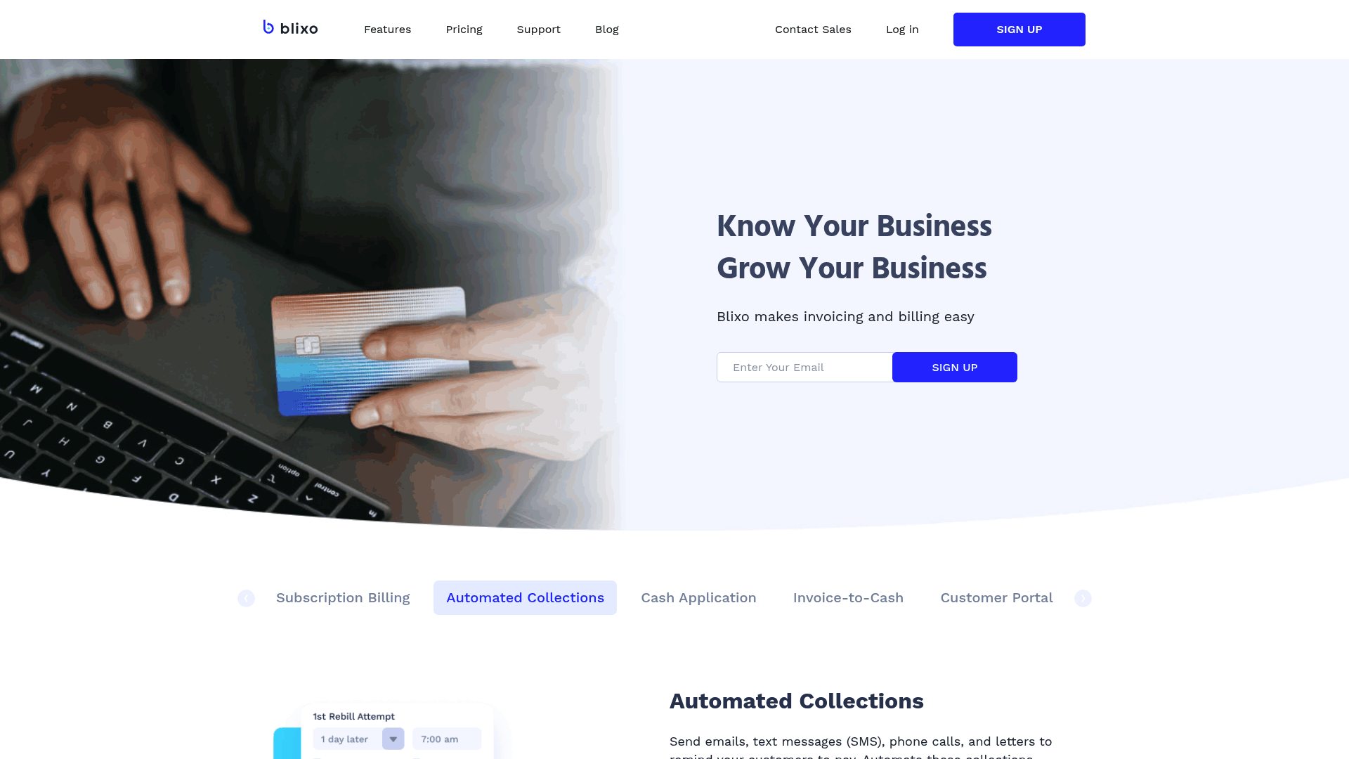 Screenshot: Automated collections features (emails, SMS, calls, dunning) UI