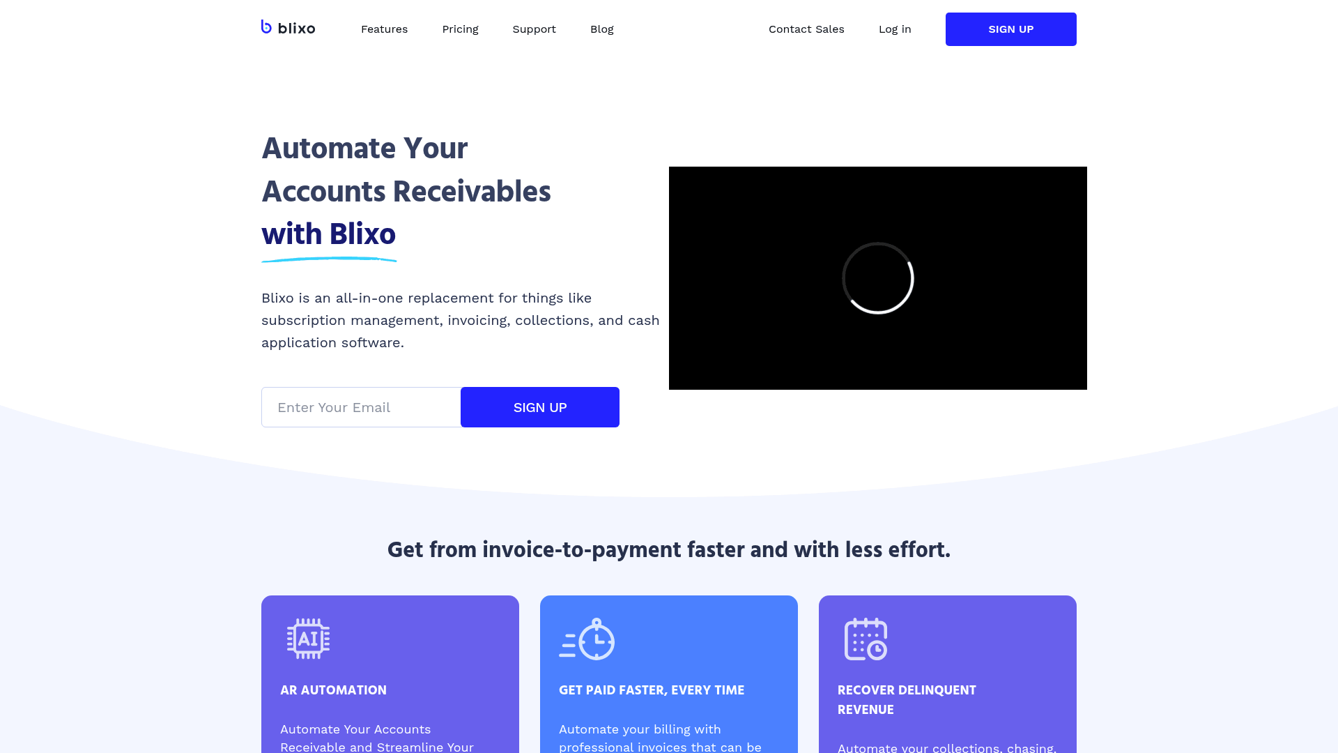 Screenshot: Blixo product overview showing key modules (AR Automation, Subscription Billing, Collections, etc.)