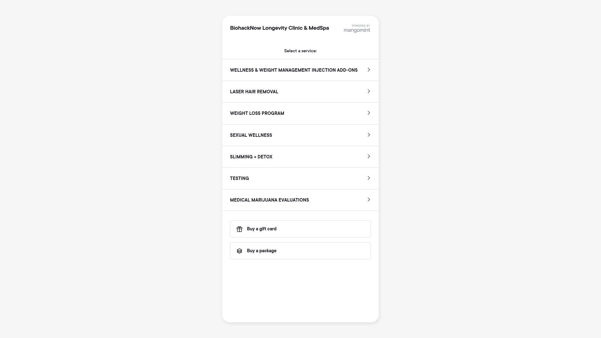 Screenshot: Full-page capture of the booking interface, showing service categories and appointment scheduling options.