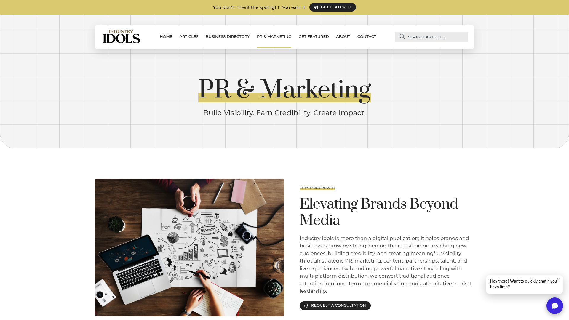 Screenshot: Overview of PR & Marketing services offered by Industry Idols.