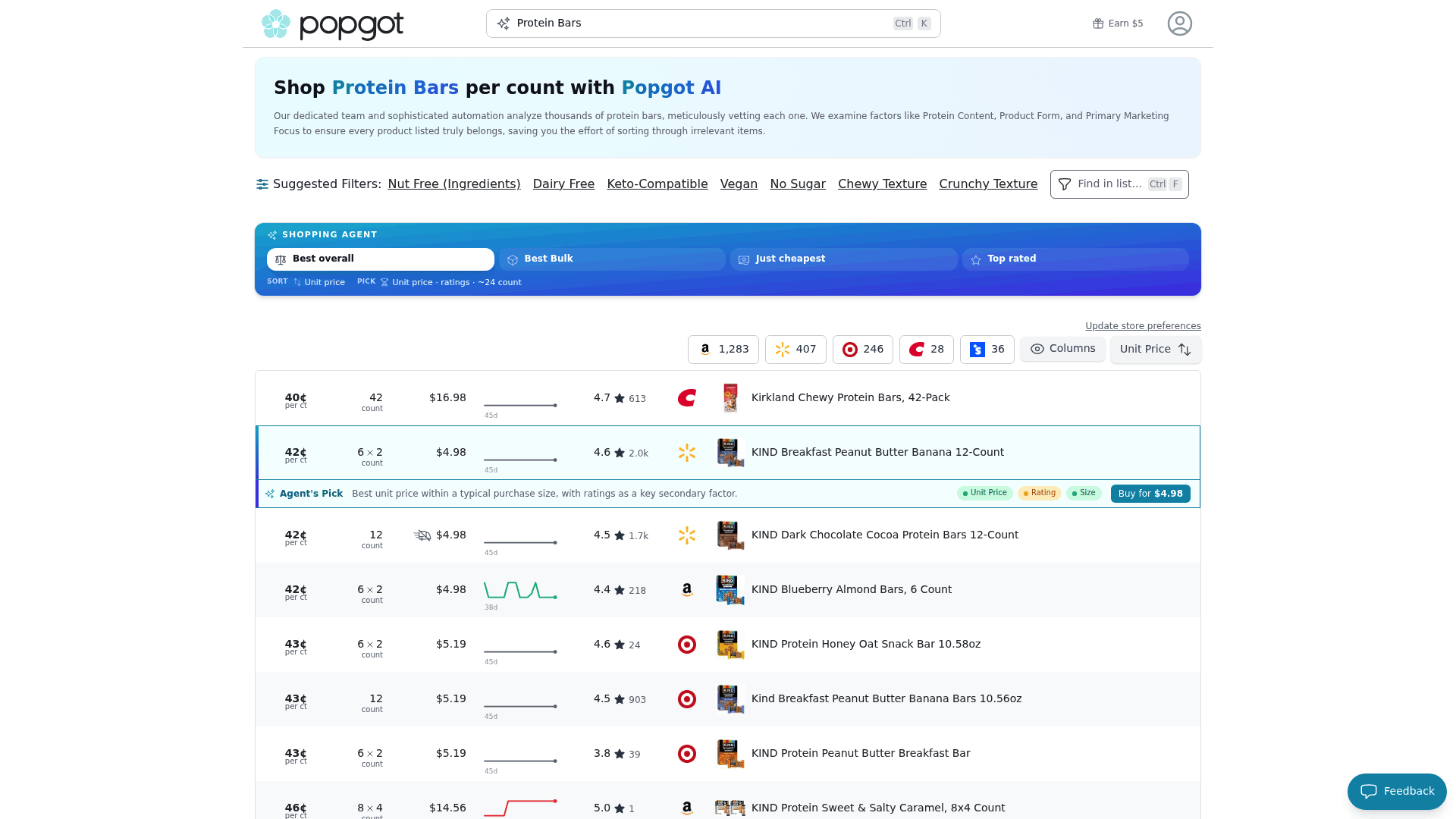 Screenshot: Results table displaying unit prices, store listings, and verification status