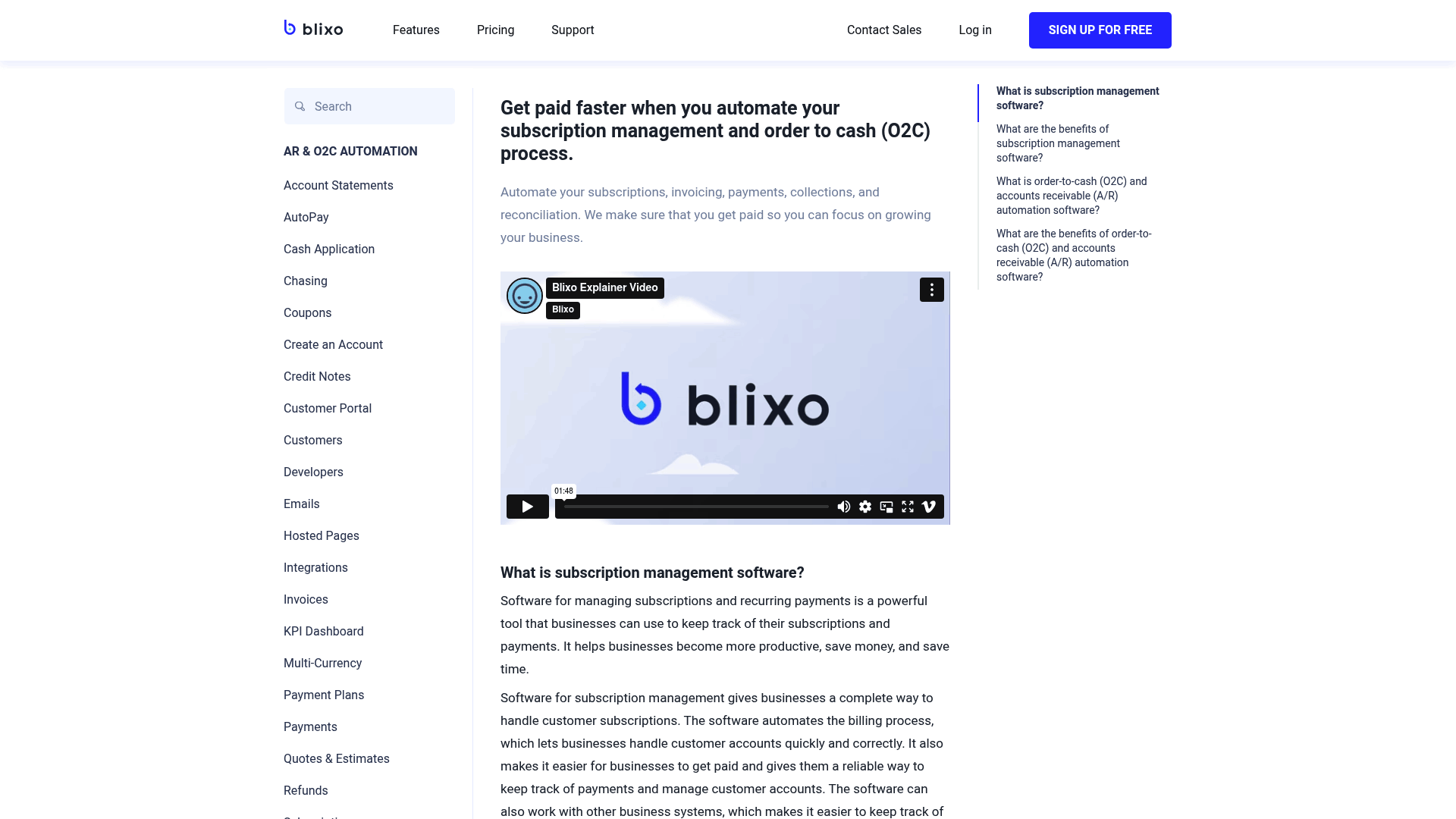 Screenshot: An overview of Blixo’s order‑to‑cash automation and subscription management documentation.