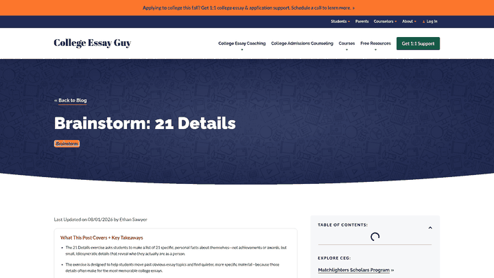 Screenshot: Screenshot of the 21 Details brainstorming exercise page, showing a list of 21 personal details students can use to enrich their scene.