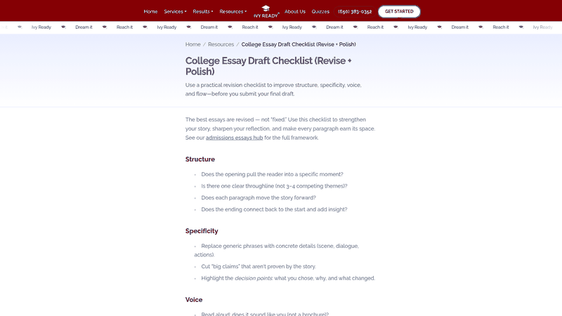 Screenshot: Screenshot of a college essay revision checklist page, displaying key categories such as structure, specificity, voice, and reflection.