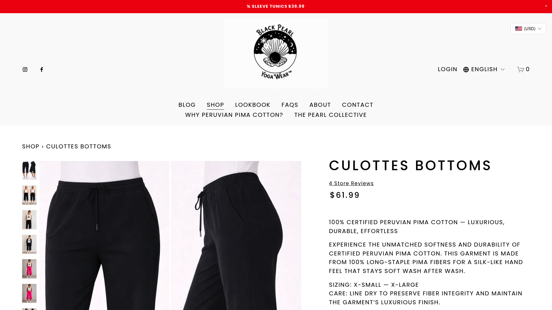 Screenshot: Product page showing 100% Pima cotton, pre‑washed status, and line‑dry care instructions.