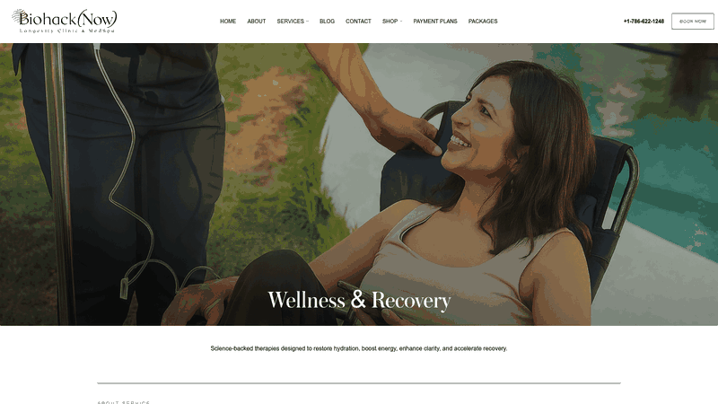 Screenshot: Full‑page view of BiohackNow’s IV therapy offerings, featuring the ‘Essential Hydration’ drink and other hydration protocols.
