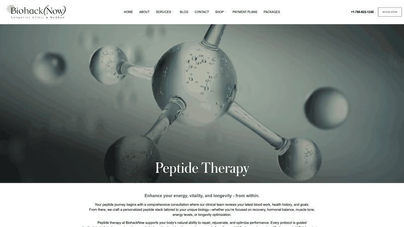 Screenshot: Landing page for BiohackNow’s peptide therapy program, detailing personalized peptide stacks and clinical support.