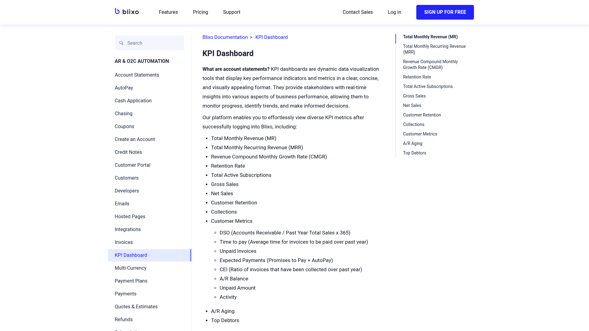 Screenshot: Explanation of KPI dashboard metrics and visualizations in Blixo.